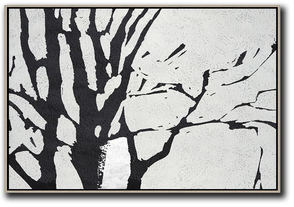 Cz Art Design - Hand Painted Oversized Horizontal Minimal Art On Canvas, Black And White Minimalist Painting, Abstract Tree Art - Abstract Art Work Single Room Huge